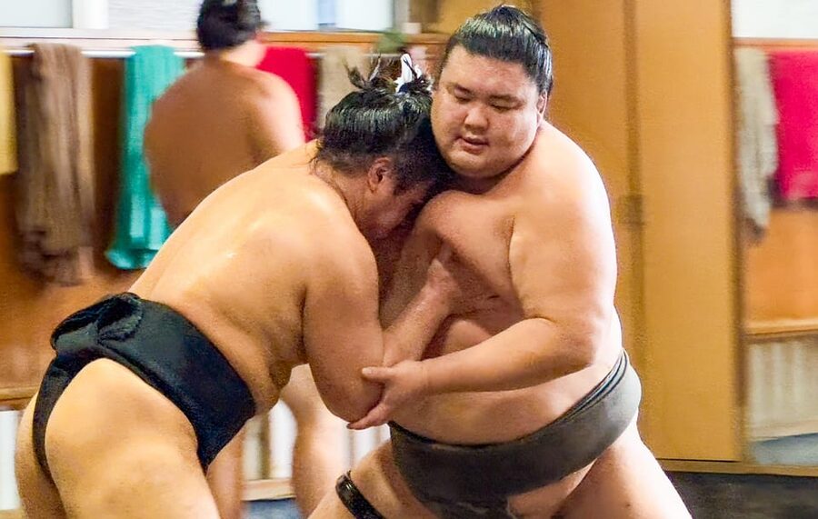 Tokyo: Sumo Morning Practice with journalists. Not fake show - Inside Takasago-beya for morning practice